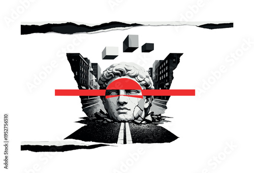 Monochrome urban street with a classical statue head emerging from the asphalt, intersected by bold red semicircle and horizontal line accents, abstract
