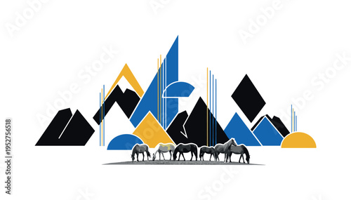 Black and white mountain range silhouette layered with abstract geometric blocks, concentric circles radiating from the highest peak, bright yellow and cobalt