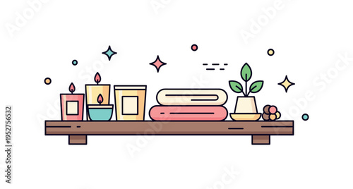 Spa inspired bathroom shelf theme centered on neatly arranged candles, a folded towel, and a small plant accent, expressing relaxation, self care, and peaceful