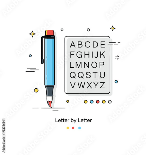 Beginner lettering setup illustrated by a brush pen alongside a simple alphabet sample card, expressing exploration of letterforms and creative curiosity. A