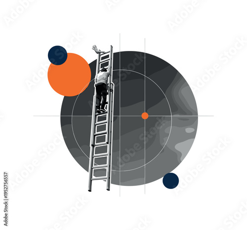 Black and white realistic ladder leaning upward, human hand visible near the top rung, oversized abstract circle representing the sky intersected by thin grid