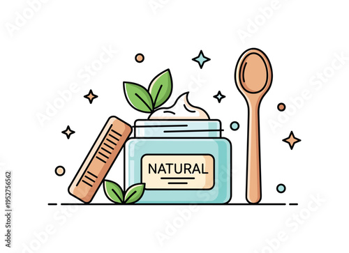 Natural skincare routine glass jar of cream with botanical leaf accents and a wooden spoon, conveying clean ingredients and environmentally mindful beauty