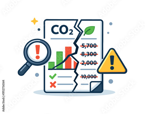 Carbon accounting fraud exposing manipulated sustainability claims as a cracked emissions report shows altered numbers and warning symbols, creating a clear