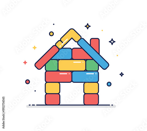 Recycled plastic bricks stack of interlocking colorful bricks forming a compact house outline, expressing circular economy principles and waste reduction in