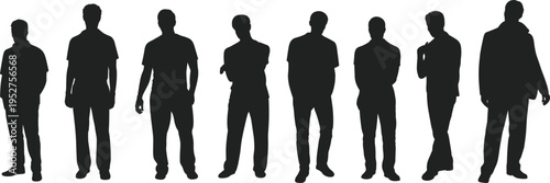 Set of eight diverse men standing in various casual poses as black vector silhouettes isolated on a white background for design and conceptual projects.