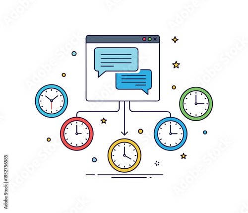 Asynchronous communication flow illustrated by a chat window connected to multiple clocks set to different times, symbolizing thoughtful collaboration without