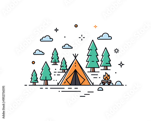 Forest exploration theme illustrated by a minimal tent icon surrounded by simple tree shapes and a tiny campfire accent. The scene expresses discovery, outdoor