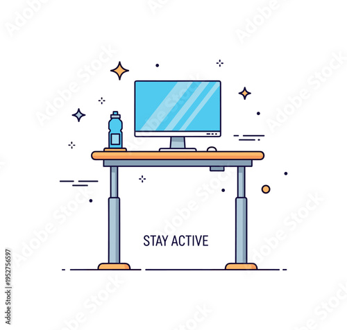 Standing desk office setup highlighting an adjustable table with a monitor and water bottle placed neatly on top. A small ?Stay Active? caption reinforces