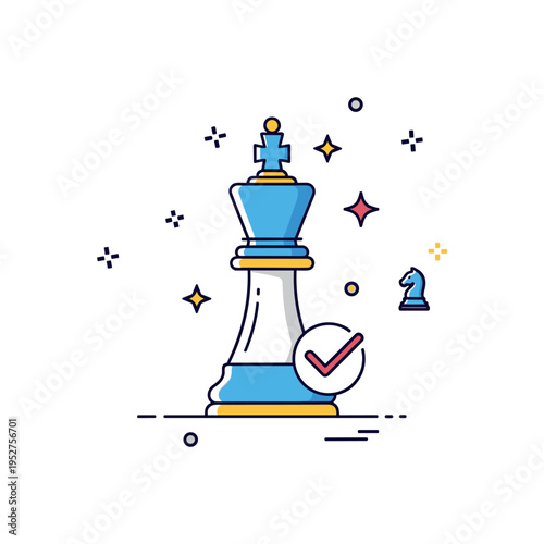 Checkmate learning milestone depicted by a king piece with a subtle check symbol and star accents, expressing achievement and understanding of advanced