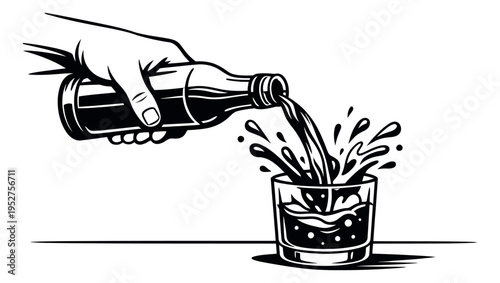 Line art illustration of a hand pouring from a bottle into a glass depicting a drink splashing for beverage concepts