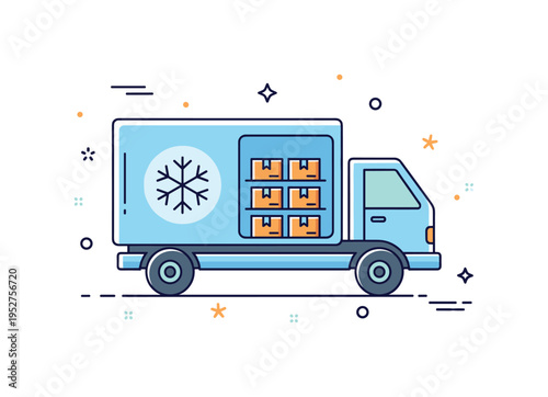 Cold chain logistics depicted by a refrigerated truck with a snowflake symbol and neatly arranged product boxes inside. A focused visual concept of temperature