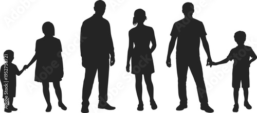 Set of family members including parents and children holding hands standing together as black vector silhouettes isolated on white background for domestic life concepts