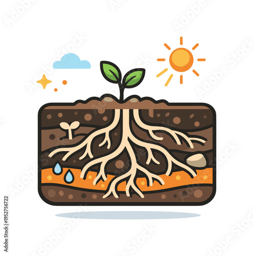 Soil cross section with winding tree roots weaving through layers of earth while a small plant above the ground reaches toward sunlight. The illustration
