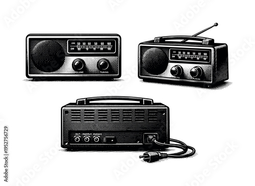 Vintage radio receiver. Black and white dot style with halftone texture and high contrast. Halftone texture with partial solid black fills smoothly