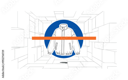 Black and white floating jacket designed for a virtual environment, oversized cobalt blue circle centered behind the garment, orange horizontal bar