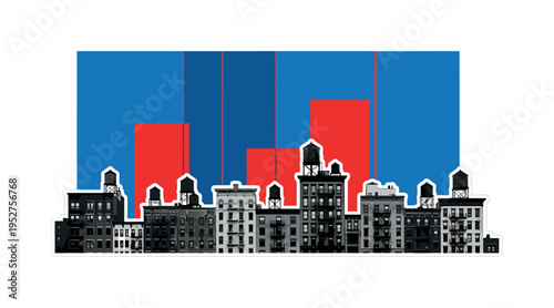 Retro monochrome skyline silhouette of mixed residential buildings with water towers and fire escapes, large flat cobalt blue geometric backdrop intersected by