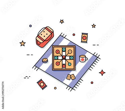 Picnic and board game combo scene centered on a small outdoor blanket with a simple tabletop game and tiny snack icons nearby. The composition highlights