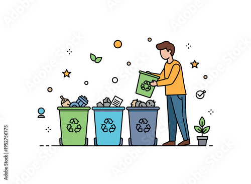 Recycling and waste reduction illustrated by a person placing materials into clearly labeled bins with small greenery icons, symbolizing mindful consumption