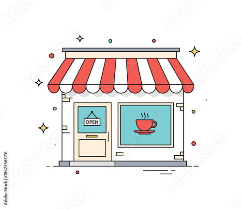 Street cafe storefront with striped awning, simple door and window displaying a coffee cup icon. Subtle decorative stars and a compact ?Open? caption highlight