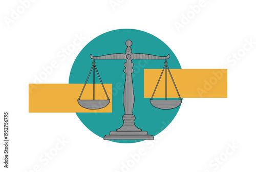 minimalist monochrome balance scale symbolizing justice and fairness, contrasted by bold teal circular backdrop and mustard yellow rectangular shapes, thin