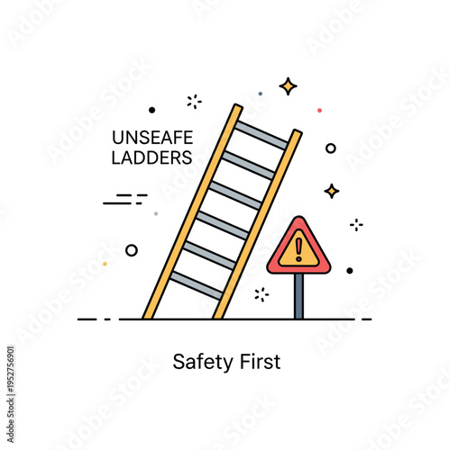 Unsafe ladders workplace hazard awareness scene featuring a slightly tilted ladder with a small warning triangle sign beside it, highlighting the risk of