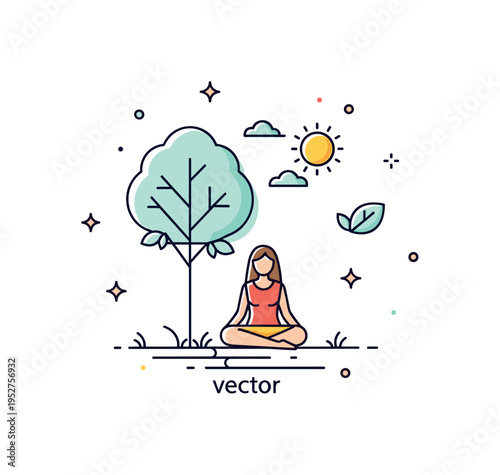 Harmony between nature and spirit depicted by a serene figure sitting beneath a simple tree silhouette, with subtle leaf and sun accents enhancing the tranquil