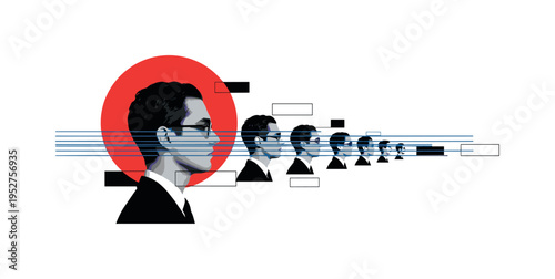 Black and white vintage side profile repeated across frame in diminishing scale, large red semicircle behind largest head as focal tension point, thin blue