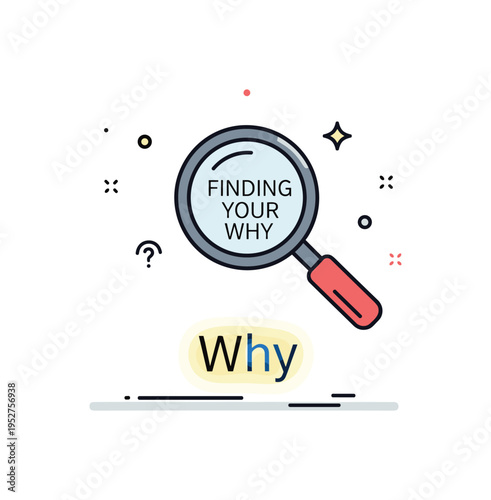 Finding your why magnifying glass hovering over a small glowing word Why, symbolizing curiosity and deep questioning. A clean concept badge about intentional