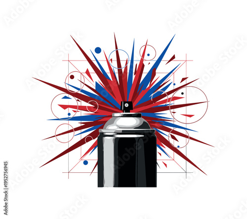 Black and white spray paint can enlarged dramatically, sharp angular shards and circular halos exploding outward like color impact, deep red and cobalt blue