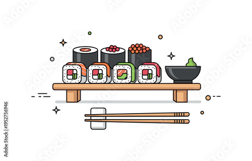 Gourmet sushi platter with neatly arranged rolls, chopsticks, and a small soy sauce dish conveying balance, precision, and culinary artistry. Tiny star accents