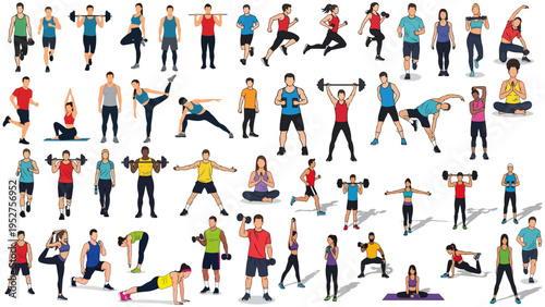 Healthy lifestyle vector illustration showing diverse people performing fitness workouts, promoting strength, energy, and active wellbeing through dynamic exercise routines.