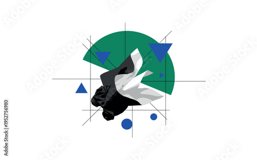 Black and white napkin unraveling from a crumpled state into subtle folds, oversized emerald green semicircle suggesting transformation, cobalt blue geometric