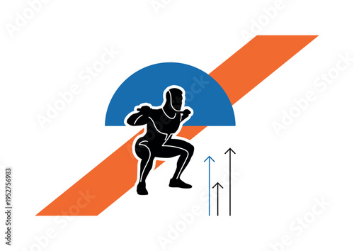 Black and white athlete mid-squat in simplified silhouette, large blue semicircle framing upper body, orange diagonal stripe emphasizing controlled movement,