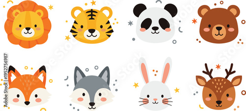 Set of Cute Animal Faces Including Lion Tiger Panda Bear Fox Wolf Rabbit and Deer Cartoon Characters for Kids Design Vector Illustration.