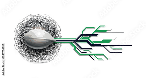 Black and white large seed underground glowing with abstract circular halo, roots expanding in geometric lines and blocks, bold emerald green and deep navy