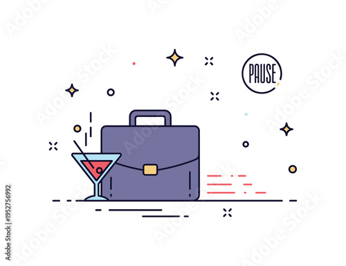 After work drink for relaxation depicted with a small cocktail glass near a briefcase and fading stress lines, symbolizing unwinding after a long day. Subtle