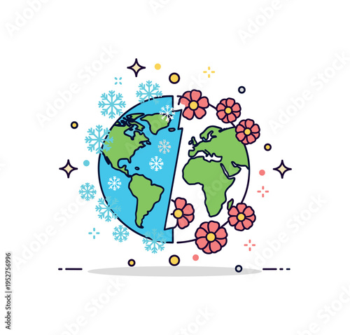 Seasonal contrast between hemispheres depicted by a globe split into winter snowflakes on one side and blooming flowers on the other, symbolizing opposite