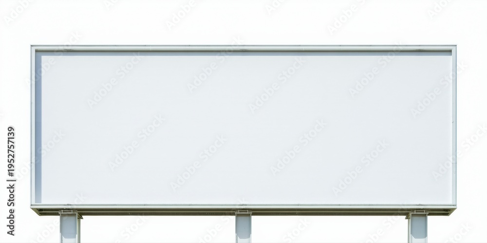 Fototapeta premium Blank billboard isolated. White surface framed with metal structure. Supports visible below. Simple design, ready for advertising content.