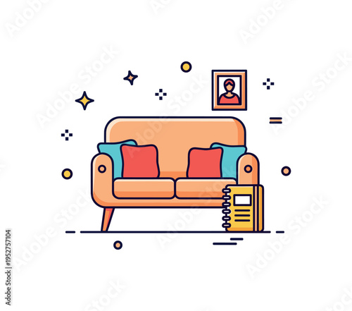 Home based counseling session theme built around a cozy couch silhouette with a small notebook icon nearby, symbolizing comfort, safety, and accessible therapy