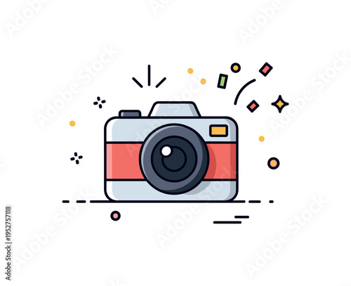 Event photography capture illustrated by a small camera with subtle flash icons and a tiny confetti accent nearby, symbolizing celebration and lively