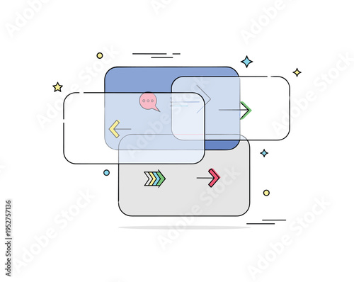 Transparent workflow metaphor illustrated by overlapping geometric panels with small arrow icons inside, representing clarity in processes and open