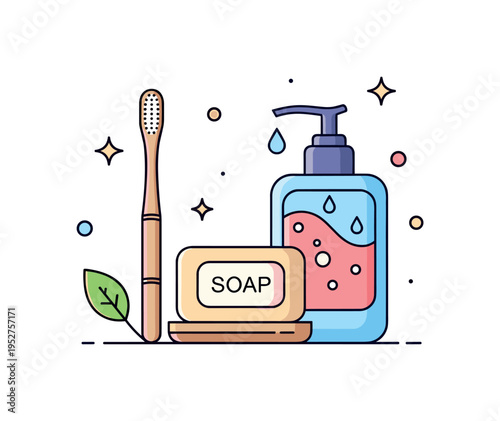 Zero waste bathroom essentials illustrated with bamboo toothbrush, bar soap and refillable dispenser placed together, symbolizing plastic free personal care at