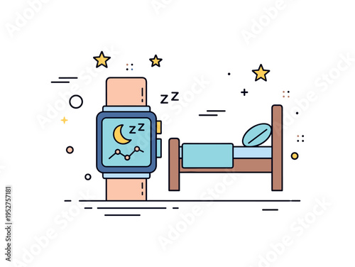 Sleep tracking wearable bedside scene with wrist device showing moon icon and gentle graph line. A calm concept badge about rest optimization and wellness