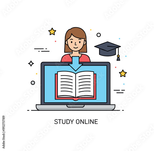 Student downloading textbooks scene highlighting a laptop with an open book symbol and a small graduation cap icon nearby, symbolizing education and digital