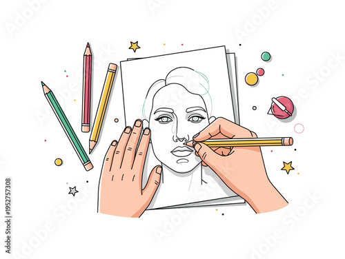 Drawing a portrait with pencils illustrated through a focused hand sketching a face outline on paper, with several sharpened pencils arranged nearby to express
