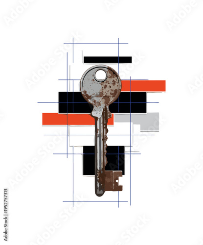 Black and white oversized rusty key positioned vertically like a totem, intersected by flat geometric blocks and thin grid lines symbolizing access and