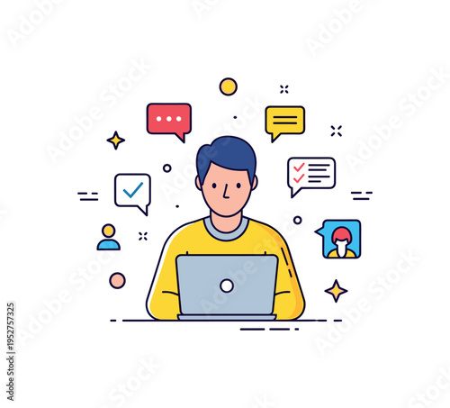Gig economy professionals scene centered on a single focused freelancer with a laptop, surrounded by small task icons like chat bubbles and checkmarks,