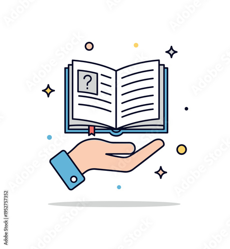 Book in hand concept illustrated by a single open book gently held by a simplified hand silhouette, expressing curiosity, learning and quiet focus. The compact