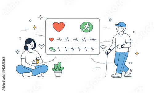 Remote health monitoring. Wearable devices sending simple data lines to a dashboard with heart and activity icons. A calm editorial metaphor for continuous and
