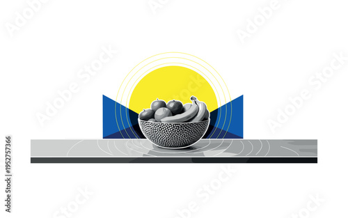 Black and white countertop with a single bowl of fruit arranged precisely, vivid yellow circle halo behind the bowl, deep blue angular blocks balancing the